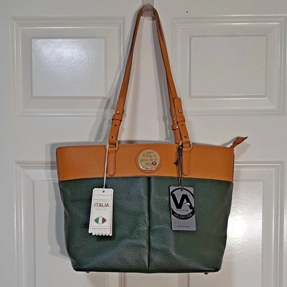 VALENTINA "Today is Your Best Day" Leather Tote Bag Purse Olive Green & Tan NWOT - Picture 4 of 9